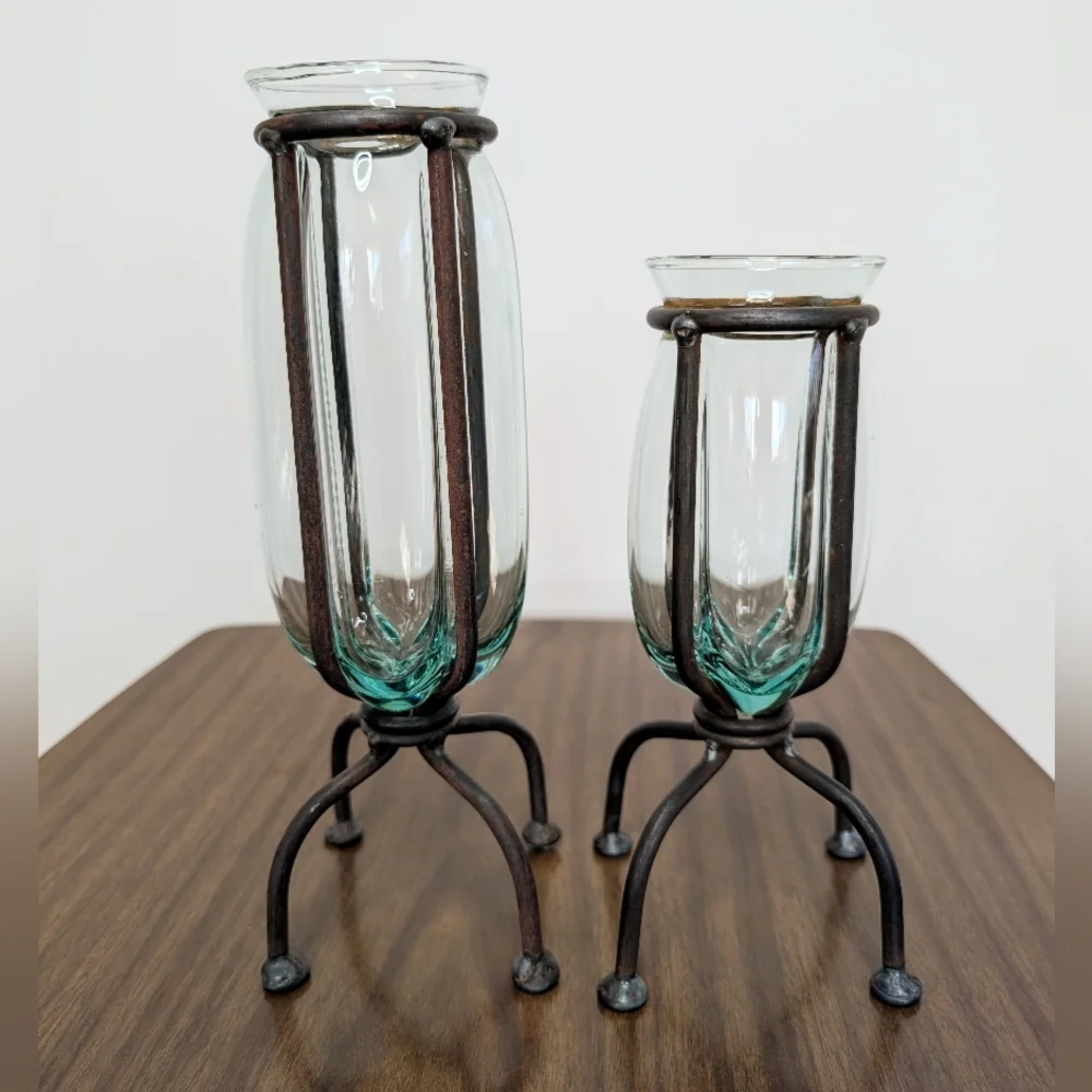 Pair Of Blown Caged Glass & Wrought Iron Metal Footed Vases Industrial Brutalist